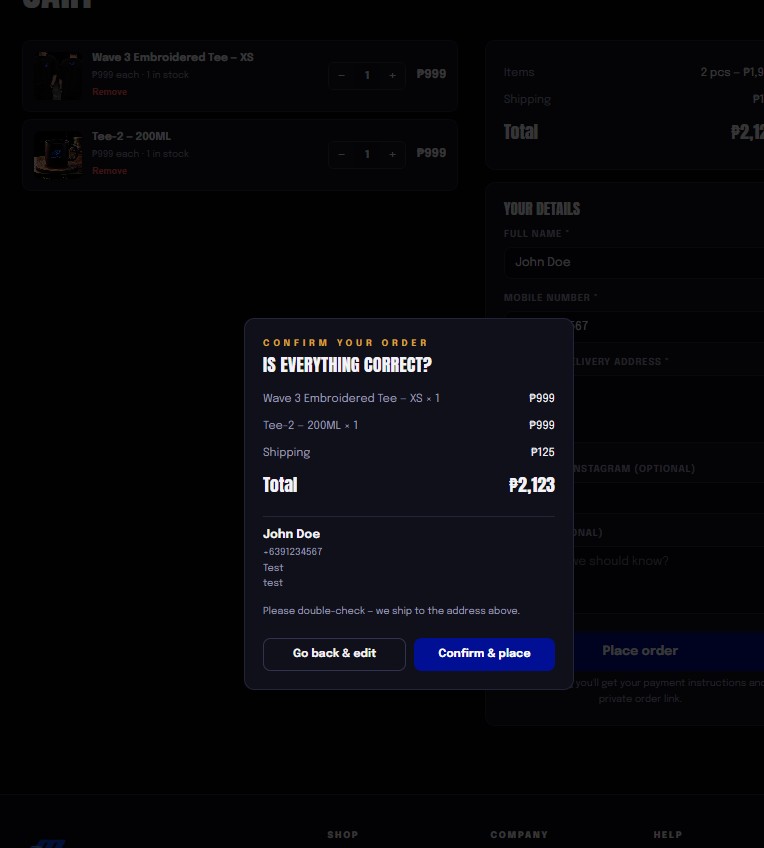Checkout order confirmation