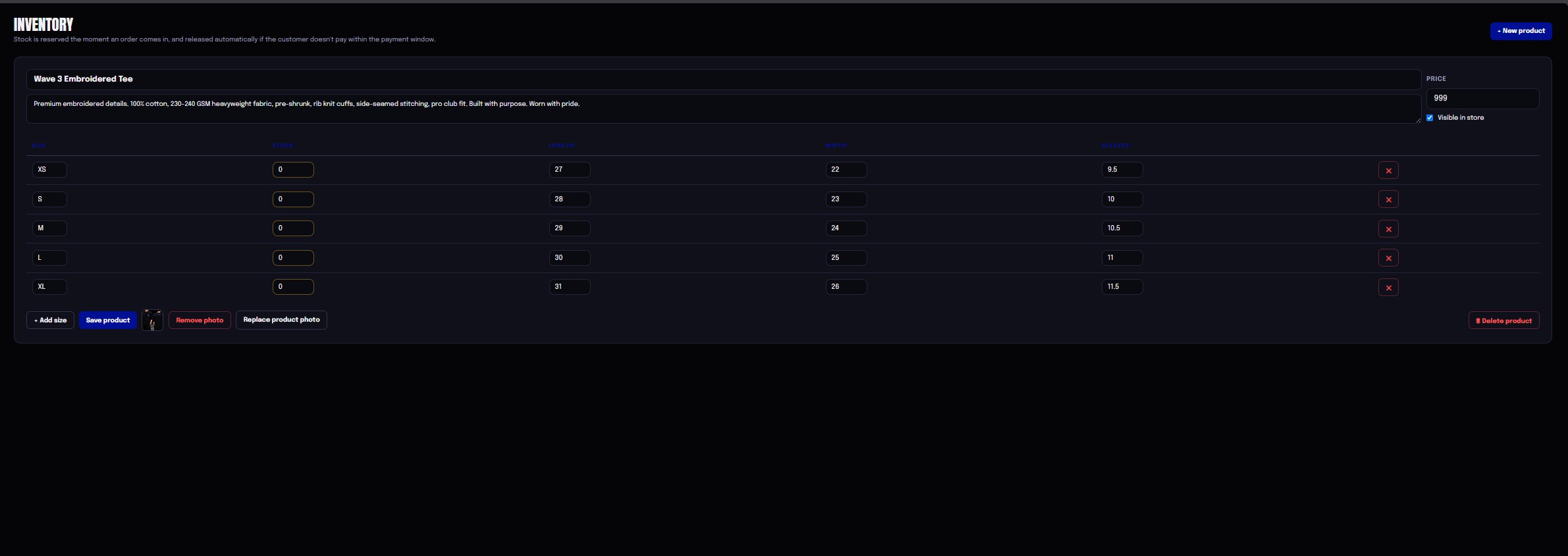 Inventory management with per-size stock control